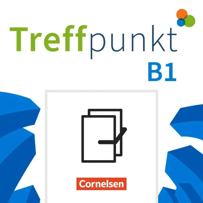 Cover van cornelsen treffpunkt b1 deutschkursboek en oefenboek met zwart lijnpictogram stapel documenten op witte achtergrond
