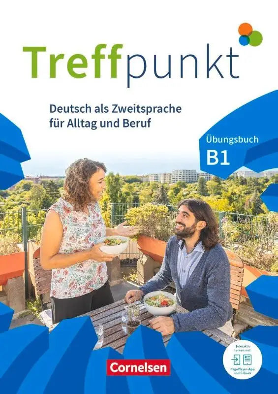 De cover van het treffpunkt b1 übungsbuch van cornelsen toont een man en vrouw die samen een salade delen in dagelijks leven voor deutsch für integration