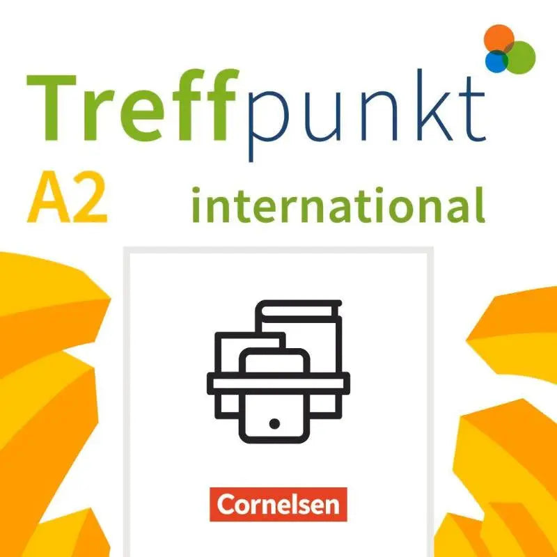 A2-level treffpunkt international textbook by cornelsen with minimalist black line-art stacked books icon on cover
