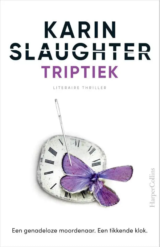 A purple butterfly on a broken white clock face with roman numerals in triptiek inspired by karin slaughter will trent