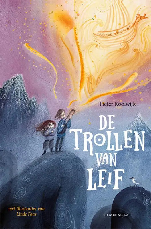 De cover van het kinderboek de trollen van leif door pieter koolwijk, geïllustreerd door linde faas, uitgegeven door lemniscaat