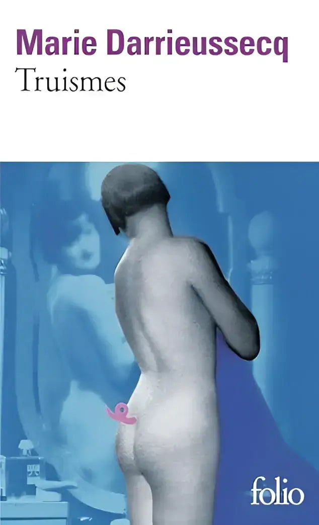Blauw boek met naaktfiguur en roze bloem aan de onderrug getiteld truismes achterkant van het product