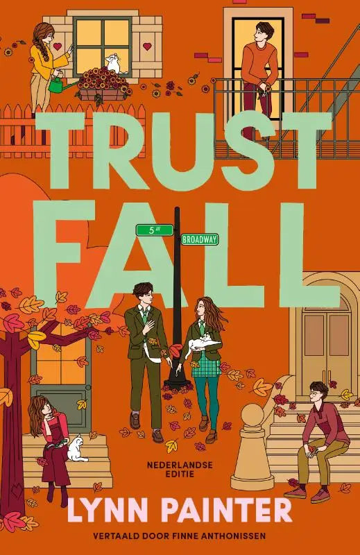 De cover van de nederlandstalige young adult-romance trust fall van lynn painter toont een oranje achtergrond met herfstige illustraties