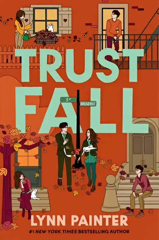 De boekcover van trust fall door lynn painter toont een oranje achtergrond met gedurfde teal titel voor schuster books for young readers