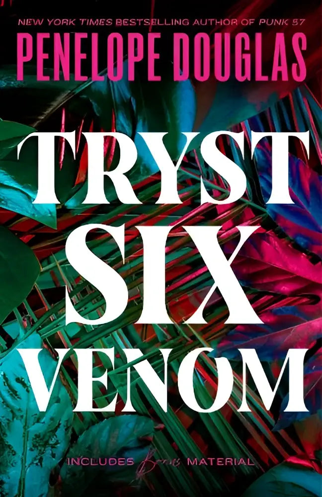 Vibrante abstracte omslag van tryst six venom boek door penelope douglas met witte titel en kleurrijke bladeren
