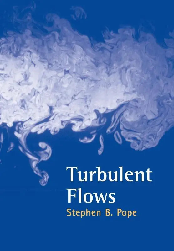 Blauw boek met wervelende witte en lichtblauwe inktpatronen getiteld turbulent flows door stephen b. graduate text over belangrijk onderwerp