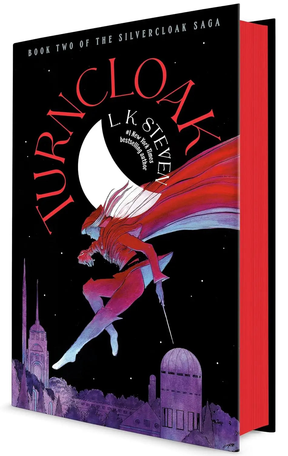 Hardcover boek turncloak deluxe edition met zwarte omslag, rode en witte tekst, illustratie van figuur en rode pagina’s uit the silvercloak saga