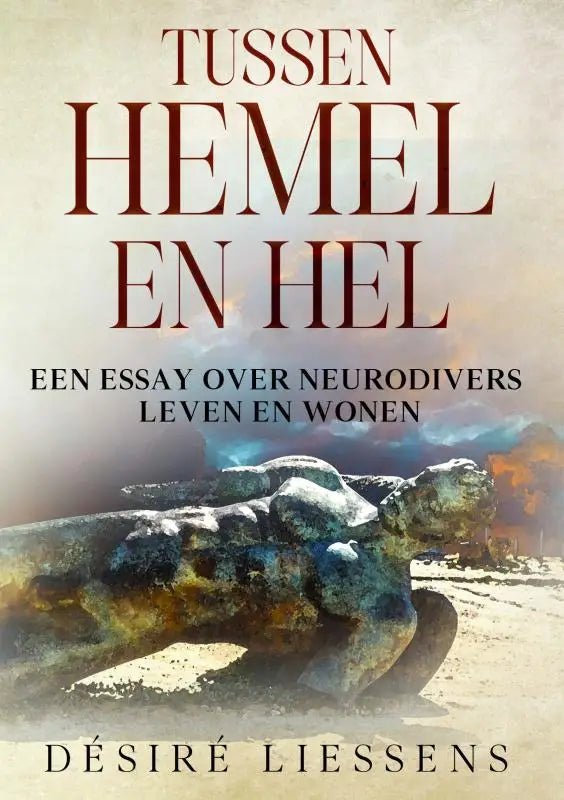 Boekcover van tussen hemel en hel met een groenbruine stenen rustende figuur over neurodivers leven