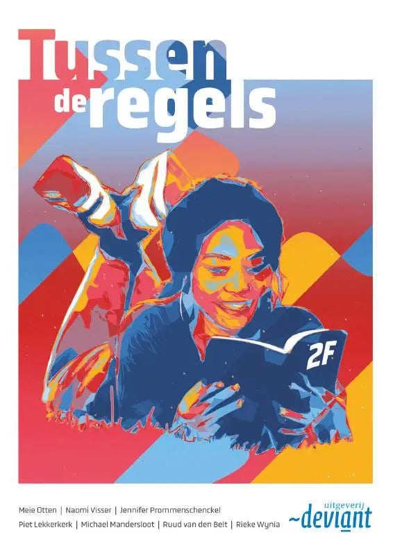 Vibrante pop-art illustratie van een glimlachend persoon die het boek Tussen de regels 2F leest tegen een geometrische achtergrond