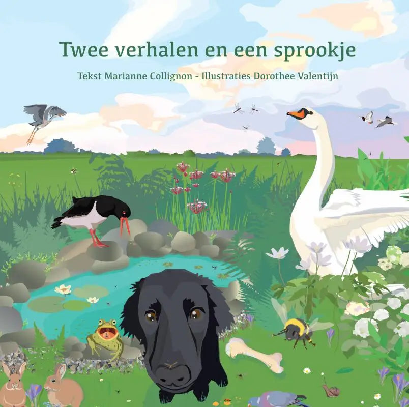 Een zwart hondje met lange oren en bruine ogen kijkt vooruit in een kleurrijke illustratie voor twee verhalen jonge lezers