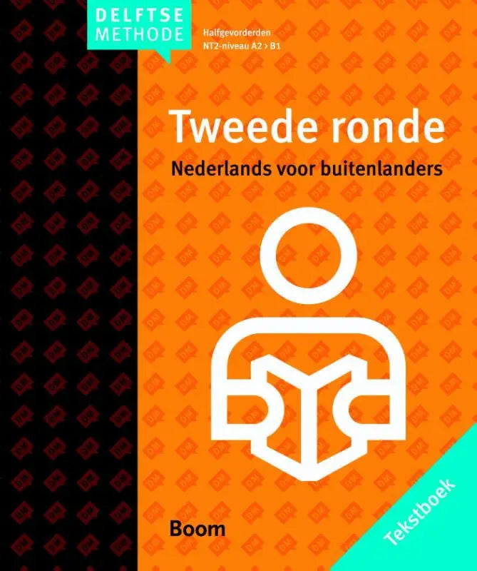 Oranje tweede ronde leerboek met witte gestileerde figuur en boom logo voor nederlands voor buitenlanders A2 B1
