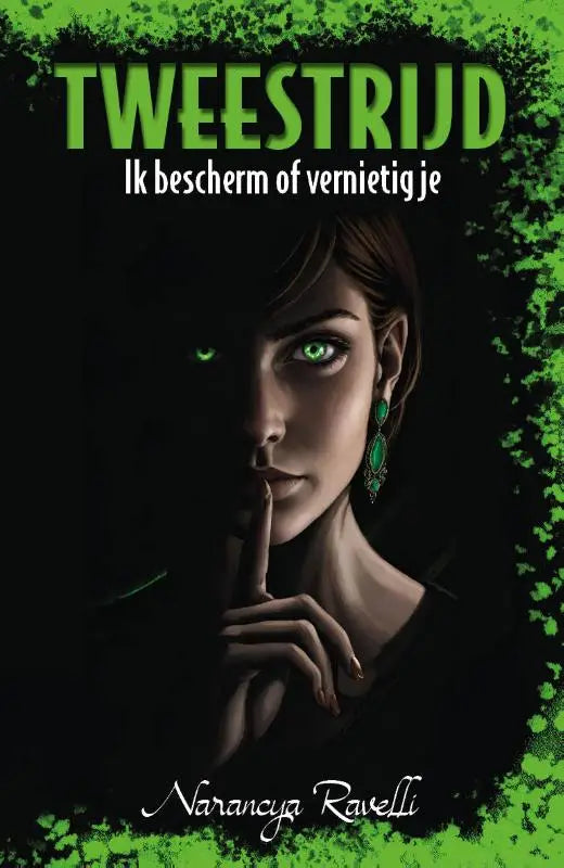 Dramatische zwart-groene illustratie van vrouw met groene ogen en smaragd oorbellen op tweestrijd ik bescherm of vernietig