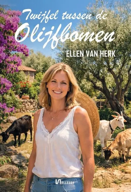 Vrouw met blonde haar in een witte kanten mouwloze top en blauwe jeans staande bij paarse bloeiende struiken nabij olijfbomen