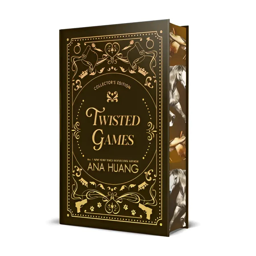 Donkere bruin hardcover twisted games collector’s edition boek met gouden details en illustraties door ana huang