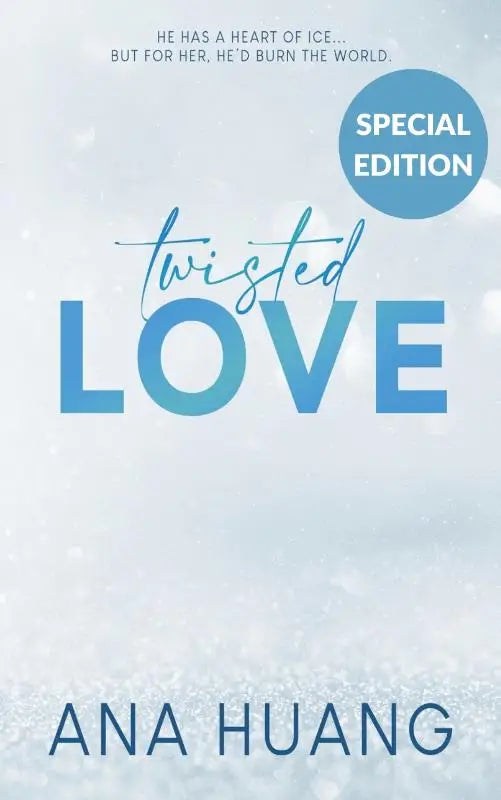 Blauwe gradient tekst twisted love op een ijzige witte achtergrond met ana huang voor populaire twisted-serie emotionele diepgang