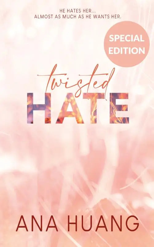 De boekcover van twisted hate van ana huang toont een zachte roze achtergrond met intense romance en emotionele diepgang