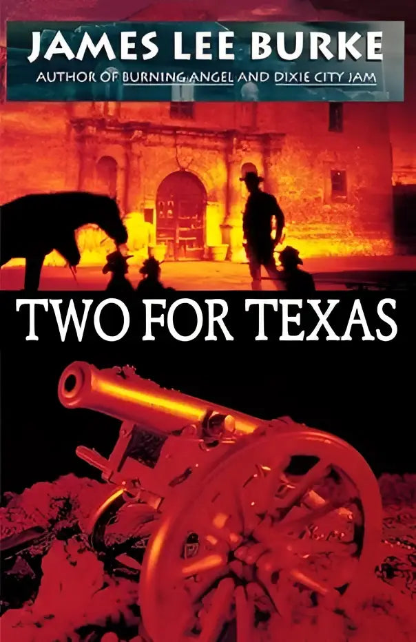 Een gouden kanon met rode wielen in de voorgrond van een dramatisch westers tafereel uit two for texas