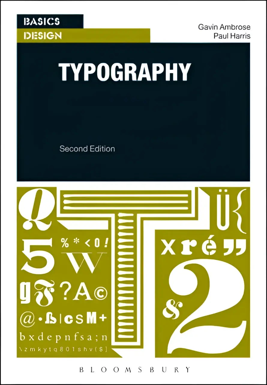 Deze cover van het boek typography heeft een donkere marineblauwe achtergrond met vetgedrukte witte typografie en accenten in olijfgroen en crème gericht op basics design