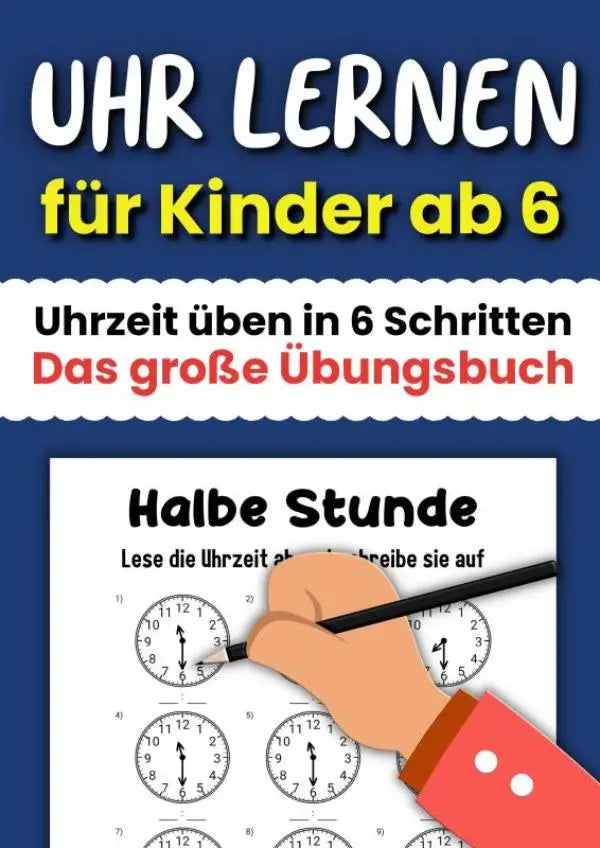 Blauw-wit leerboek uhr lernen für kinder ab 6 met illustraties en oefeningen voor het leren van de kloktijd