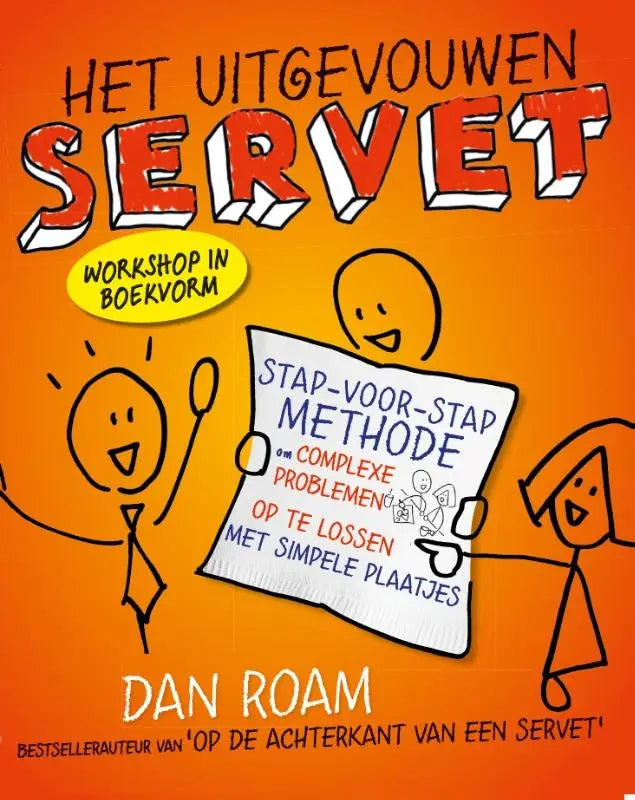 Oranje boekcover van uitgevouwen servet met gedurfde rode en witte titel, cartoonillustraties en dan roam als auteur