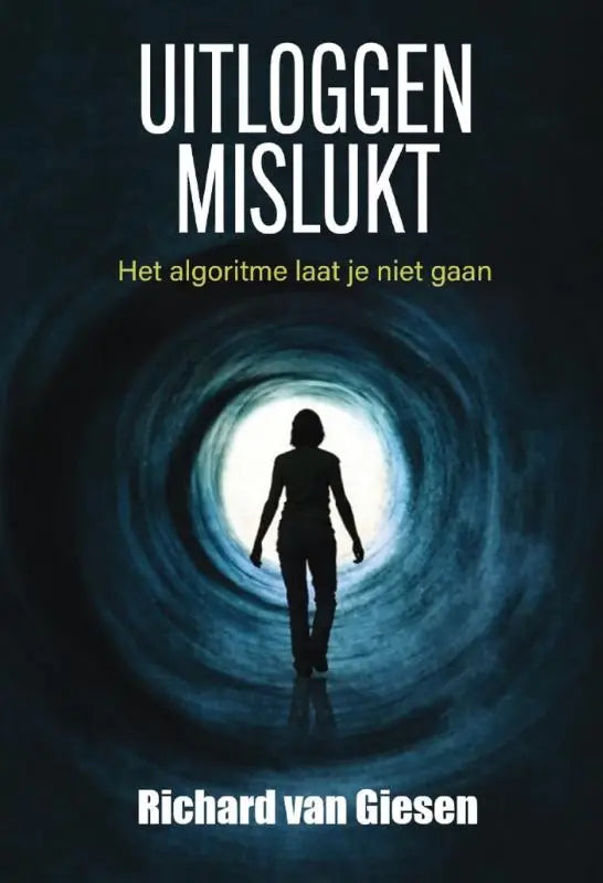De boekcover van uitloggen mislukt toont witte tekst met een geel onderschrift en een persoon in een donkere tunnel