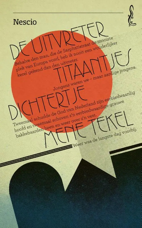 Boekcover van de titels de uitvreter titaantjes dichtertje mene tekel met zwarte tekst rode cirkel en blauwe abstracte vormen