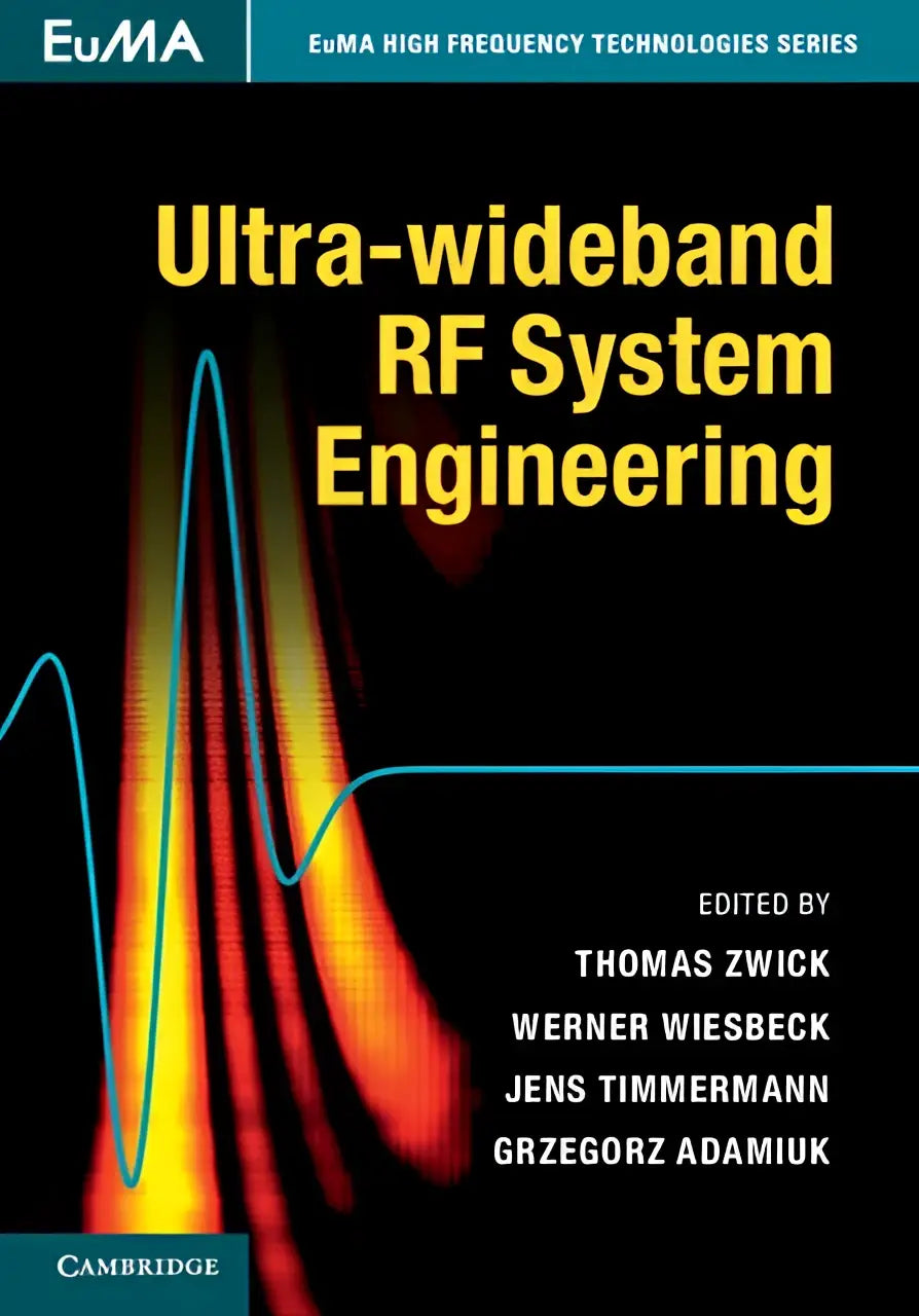 Zwarte boekomslag met gele titel ultra wideband rf system engineering en gloeiende blauwe en oranje golfvorm grafiek