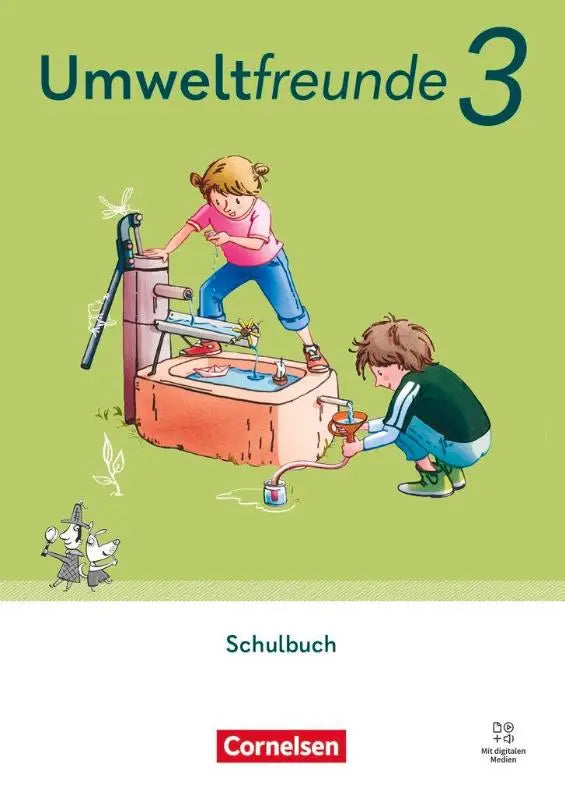 De omslag van umweltfreunde 3 schoolboek door cornelsen toont twee kinderen bij een fantasierijke waterpomp