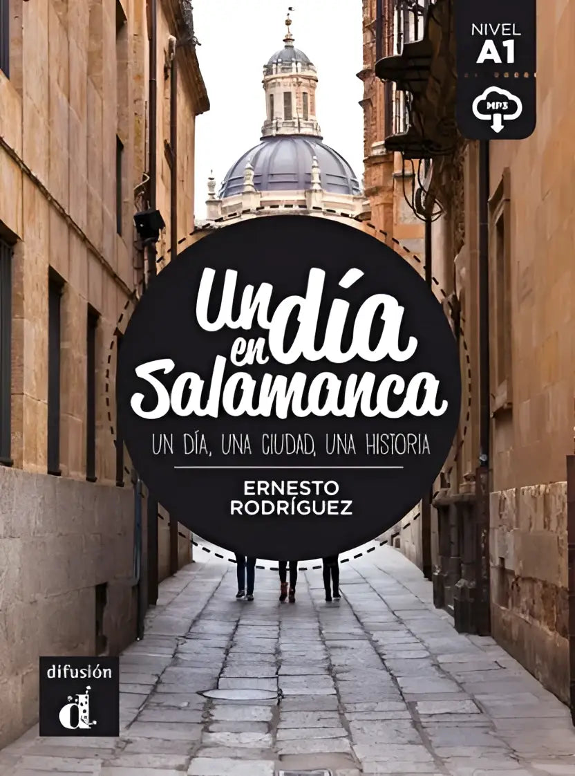 Zwarte ronde boekcover Un día en Salamanca met silhouetten in steegje