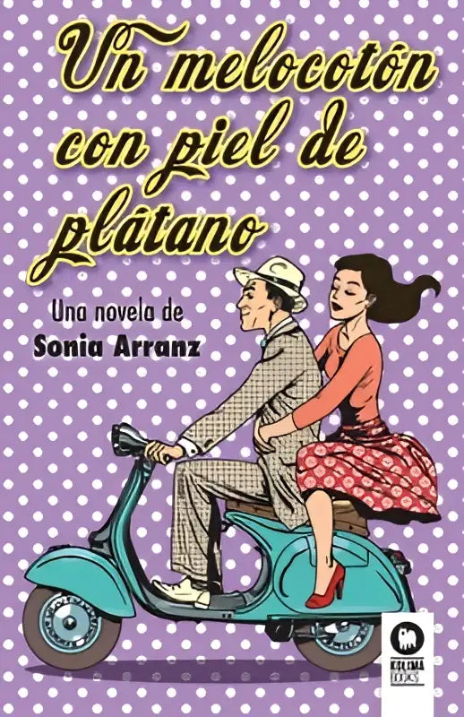 Een turquoise scooter met een man en vrouw erop, geïllustreerd in vintage stijl op de cover van un melocotón con piel de plátano van sonia arranz