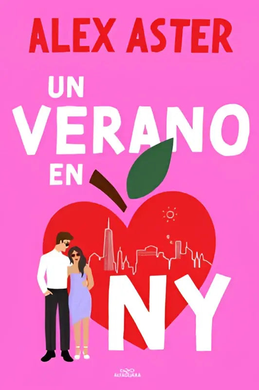 Roze boekcover met een rode appel en de skyline van new york city voor un verano en ny door alex aster