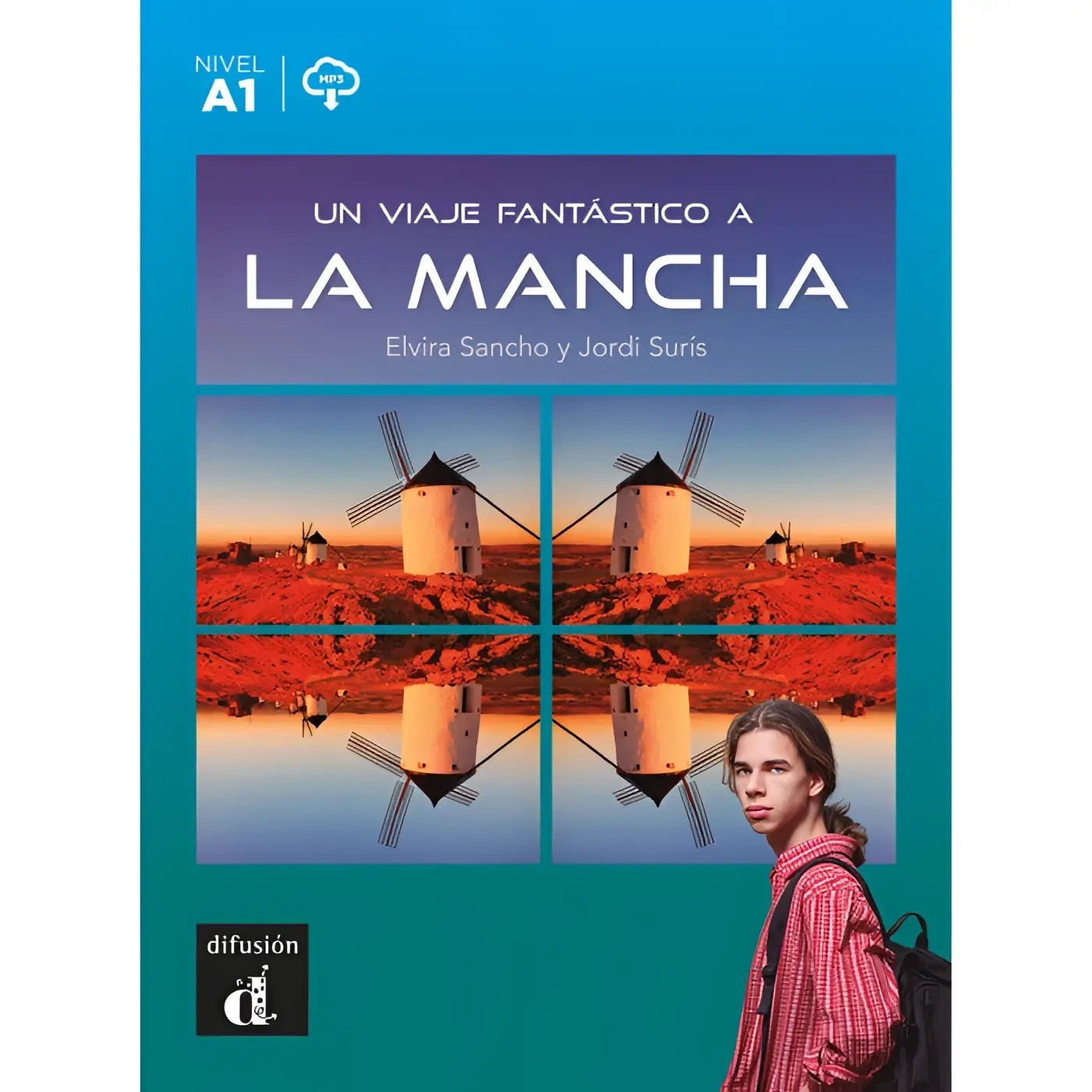 Voorzijde van de a1-level spaanse leerboek un viaje fantastico a la mancha met witte windmolens tegen oranje zonsondergang