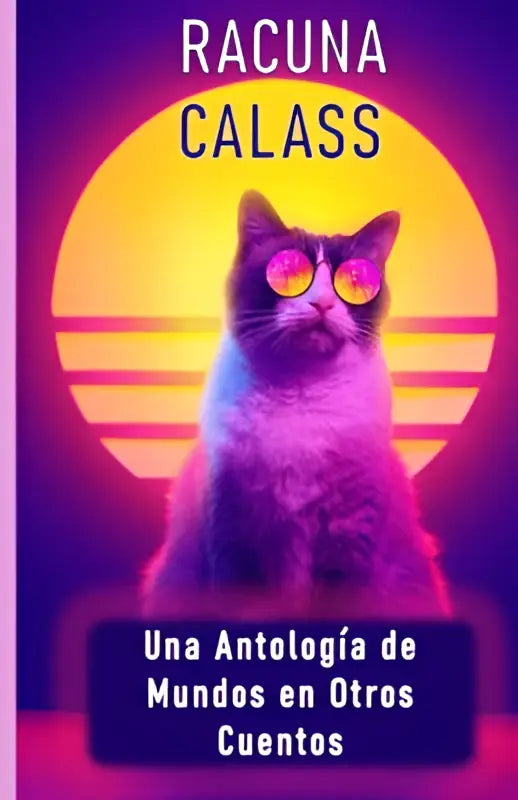 Een paarse kat met zonnebril tegen een neon zonnestraal achtergrond op de cover van una antología otros cuentos