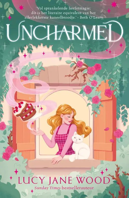 Whimsical book cover of uncharmed by lucy jane wood featuring a blonde woman in pink checkered dress with cupcake and roses cozy fantasy