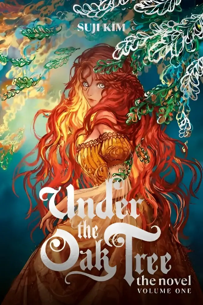 De cover van under the oak tree volume one toont een vrouw met lang rood en oranje haar in een gouden jurk