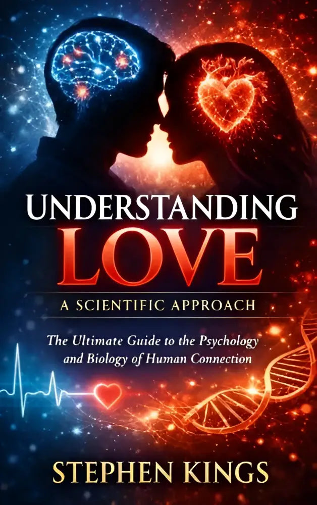 Boekomslag van understanding love met twee silhouetten, blauw hersenbeeld en rood hart in kosmische thema, het ultieme guide