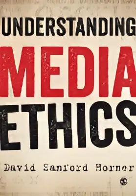De boekomslag van Understanding media ethics toont vet rode en zwarte tekst op een beige, textuurrijke achtergrond