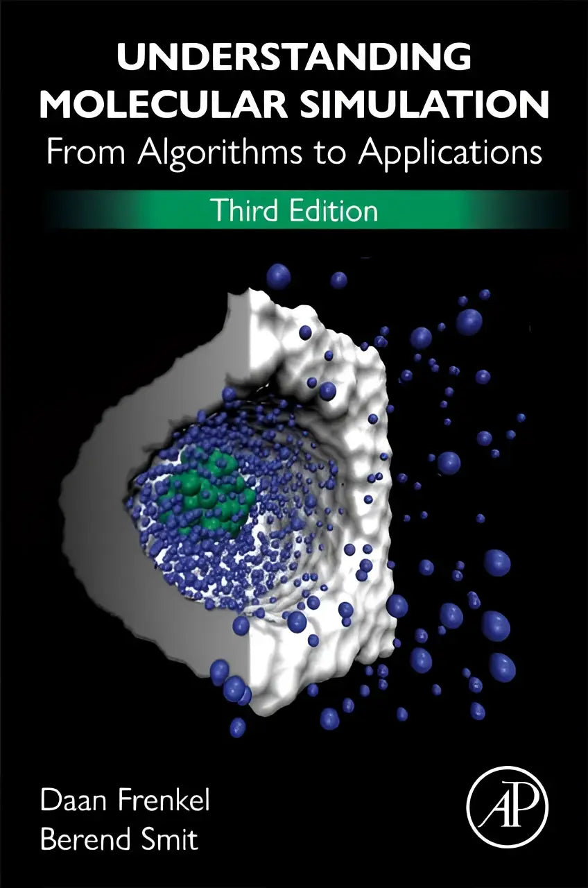 Zwart boekcover van understanding molecular simulation met moleculaire simulatiegrafiek in blauw en groen op witte achtergrond
