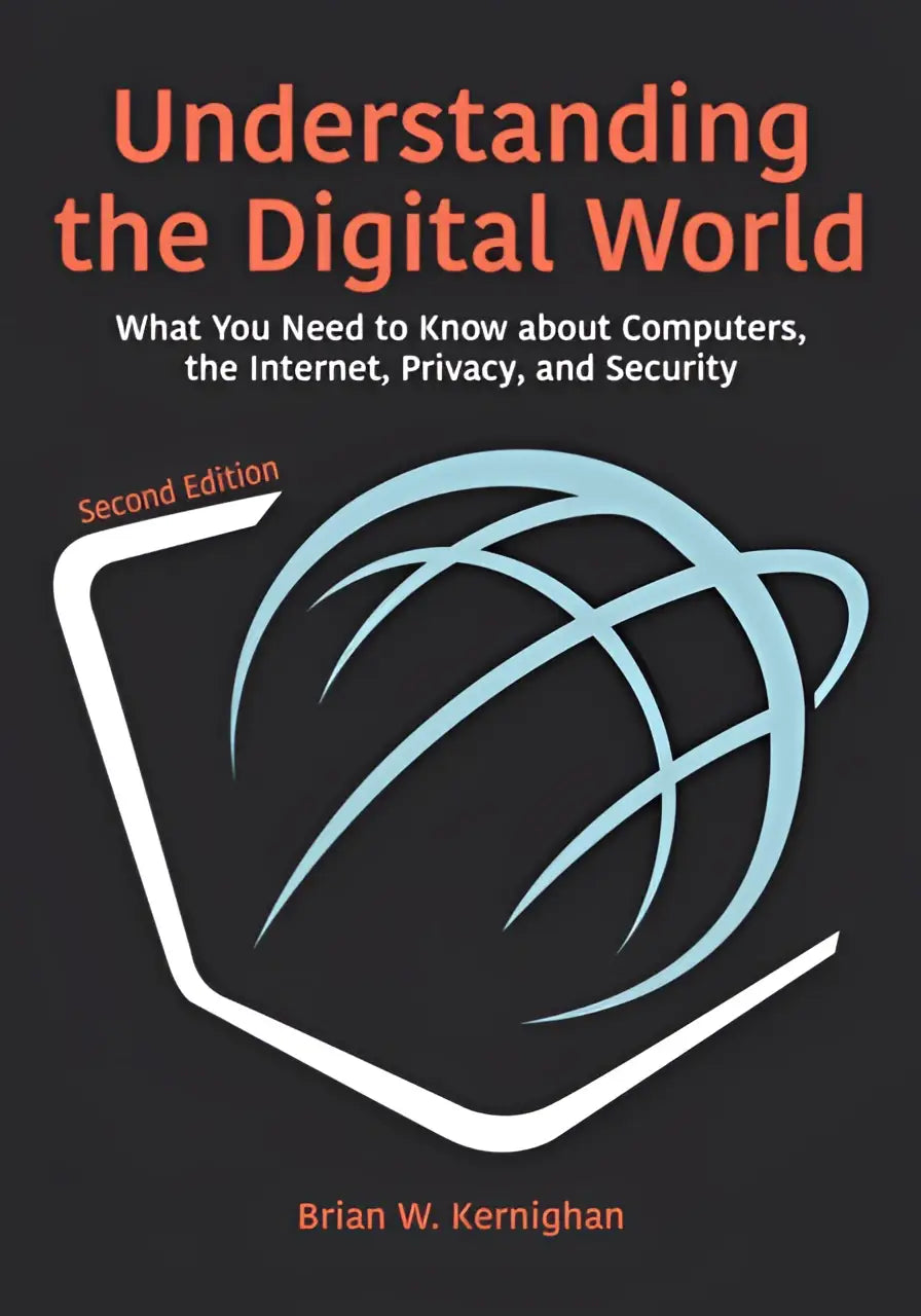 Zwart boekomslag met oranje titel en lichtblauw globusontwerp binnen een witte laptoplijn voor understanding the digital world