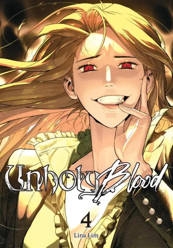 De cover van unholy blood volume 4 manga van lina lim met anime stijl personage met blond haar en rode ogen