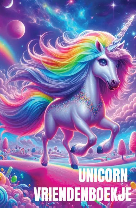 Een unicorn meisje vriendenboekje met een levendige regenboogmanen unicorn en een glinsterend zilveren hoorn in een kosmisch landschap