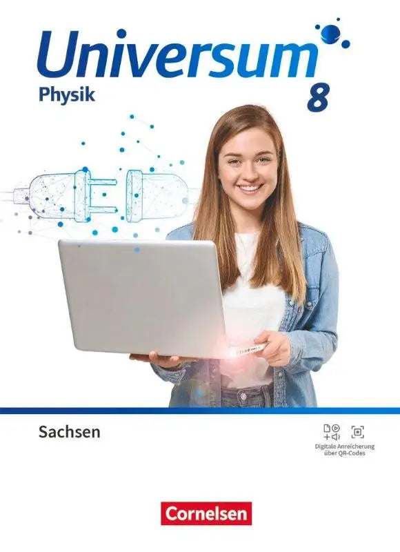 De cover van het universum physik 8 schüljahr gymnasium sachsen leerboek toont een vrouw met laptop en elektrische illustraties