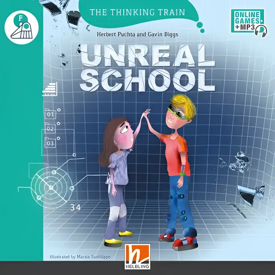Omslag Unreal School: denkende trein met cartoonkinderen in futuristisch lokaal