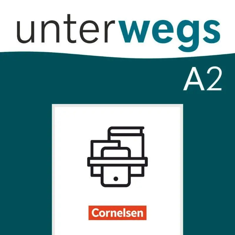 Voorkant van a2 formaat leerboek onderweg van cornelsen met minimalistische zwarte lijntekening van boeken tegen een teal achtergrond geschikt voor dagelijks leven binnen dezelfde reeks