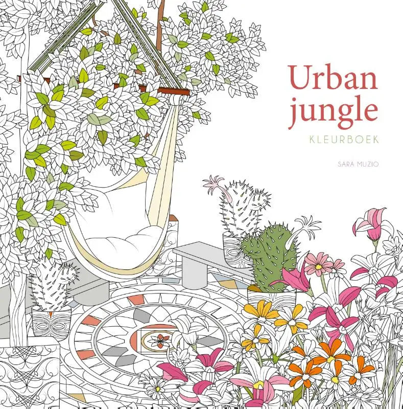 Urban jungle kleurboek met een hangmat te midden van weelderig groen en kleurrijke bloemen op de cover