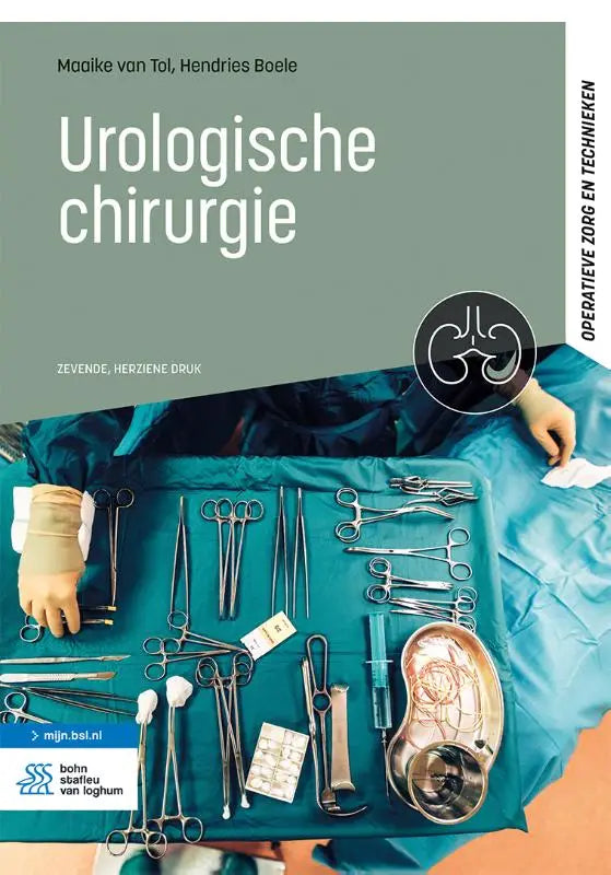 De cover van het medische leerboek urologische chirurgie door hendries boele toont een teal chirurgisch instrumentenbakje bsl media