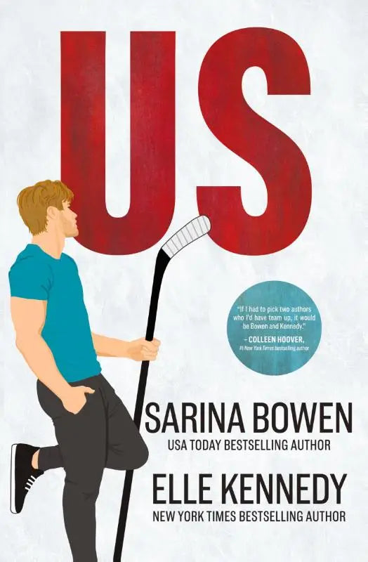 Boekomslag van us met rode us letters en tekening van jonge man met hockeystick door sarina bowen elle kennedy contemporary romance