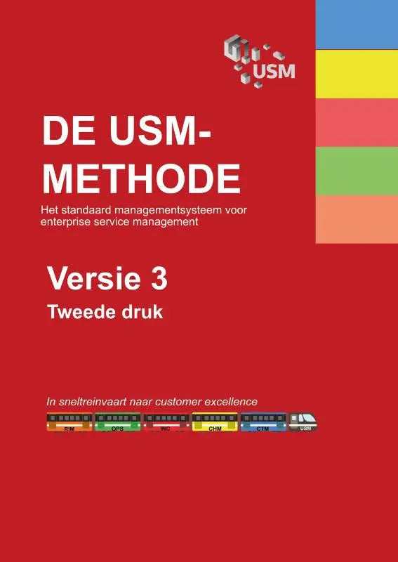 Rode boekcover de usm-methode met standaard managementsysteem en kleurrijk streepjespatroon voor enterprise service management