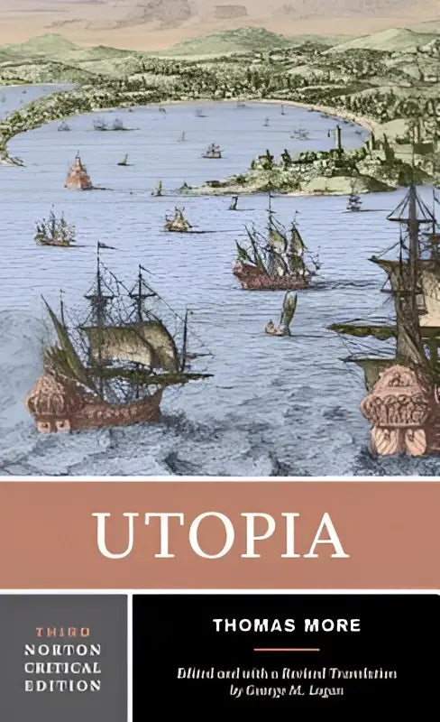 De cover van utopia een norton critical edition toont een historische illustratie van schepen met een oranjebruine banner