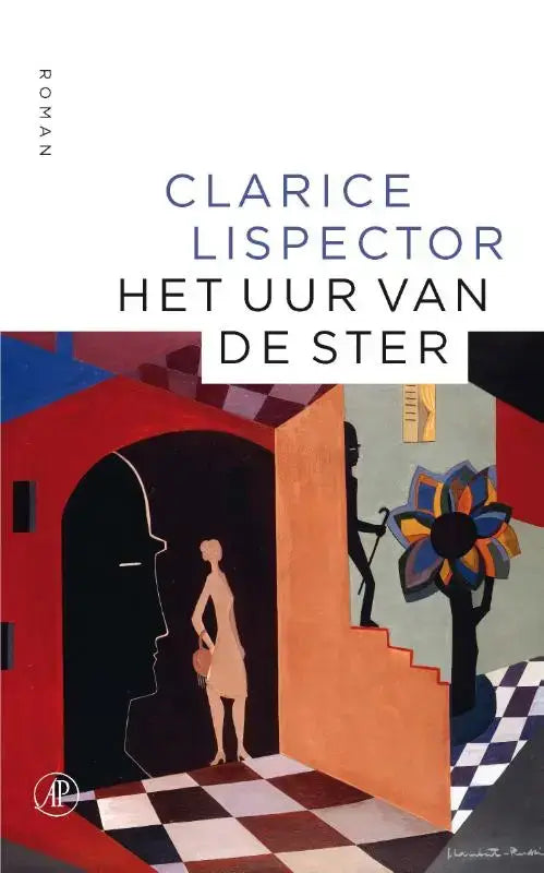 Het uur van de ster boekomslag met gestileerde illustratie en opvallende rode, blauwe en oranje geometrische vormen op dambordvloer